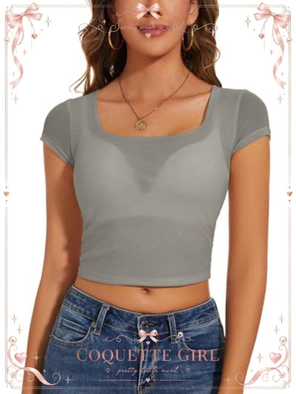 Sheer Mesh Square Neck Short Sleeve Crop Top Fitted Blouse